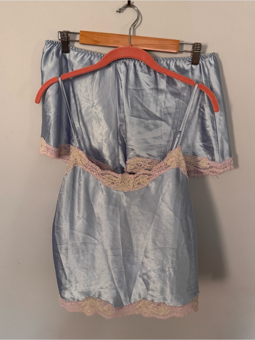 Victoria’s Secret 2000s Satin Lace Pajama Set Medium Blue Cami Shorts Sleepwear